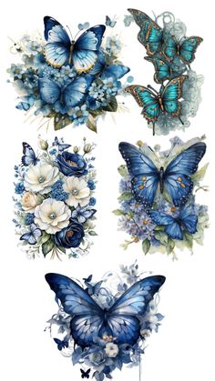 blue butterflies and flowers on white background