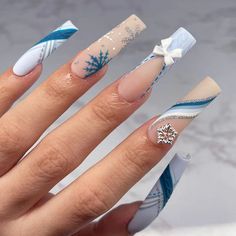 Snowflake Bowknot Sweater Pattern Christmas Blue French Long Fake Nails Detachable Finished False Frozen Theme Nails, Blue And White Christmas Nails, Long Fake Nails, Blue Christmas Nails, French Press On Nails, 3d Snowflake, Ballet Nails, Girly Acrylic, Nails 3d