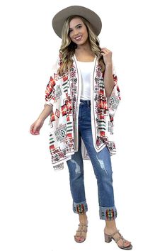 Introducing the Ivory Southwest Pattern Kimono! Perfect for the summer, this lightweight and Pendleton Pattern Kimono is the ideal western statement piece. Crafted with an iconic southwestern design, make a statement with this stunning piece. Be inspired this summer! Pendleton Pattern, Southwest Pattern, Kimono Pattern, Southwestern Design, Be Inspired, Chic Design, Pet Hair, Clothing Items, This Summer