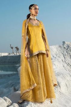 Shop for Seeaash Yellow Shimmer Chanderi Kurta Sharara Set for Women Online at Aza Fashions Yellow Sharara, Kurta And Sharara, Kurta Sharara Set, Kurti Style, Haldi Outfit, Kurta Sharara, Traditional Attires, Designer Kurta, Long Kurta