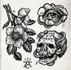 an old school tattoo design with skulls and flowers