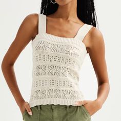 Brand New With Tag Trendy Style Abounds On This Juniors' Pointelle Crochet Tank Top Fro So. Features Straight Hem No Closure - Pullover Styling Sleeveless Unlined Squareneck Fit & Sizing 13 1/2-In. Length Fabric & Care Cotton, Acrylic Machine Wash Cotton Crochet Top For Day Out, Cream Cotton Knit Top For Day Out, Beige Pointelle Knit Tops For The Beach, Neutral Pointelle Knit Top For Spring, Beige Knit Crochet Top For Day Out, Spring Neutral Pointelle Knit Tops, Cream Cotton Crochet Knitted Top, Casual Knit Top With Crochet Trim For Day Out, Beige Open Knit Cotton Top