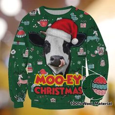 a green sweater with a cow wearing a santa hat