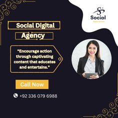 a woman with a tablet in her hand and the words social digital agency