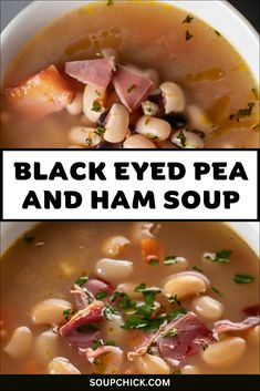 black eyed pea and ham soup in a white bowl