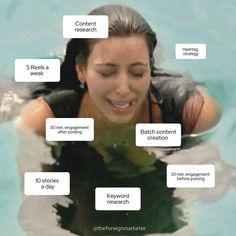 a woman floating in the water with lots of words above her head that say content research