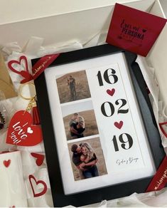 a couple's photo in a box with hearts around it and some other items