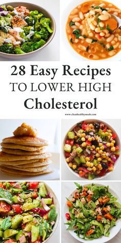 Easy recipes to lower cholesterol! This is a collection of high-fiber low-glycemic healthy meals that you can enjoy for breakfast, lunch and dinner in order to reach healthy cholesterol levels! Including easy salads, soups, recipes with oats and healthy desserts! Recipes To Lower Cholesterol, Low Cholesterol Recipes Dinner, Lower High Cholesterol, Low Cholesterol Meal Plan, Cholesterol Friendly Recipes, Low Cholesterol Diet Plan, Cholesterol Meals, Foods To Reduce Cholesterol, High Cholesterol Diet