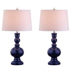 pair of blue glass table lamps with white shade