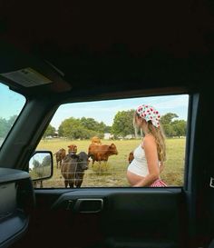 a pregnant woman in the back seat of a car looking at cows