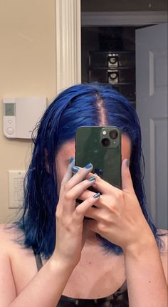 Grown Out Blue Hair, All Blue Hair, Blue Hair With Blue Highlights, Blue Hair On Tan Skin, Dark And Light Blue Hair, Blue And Red Hair Color, Blue Hair Black Roots, Short Blue Hair Aesthetic, Medium Blue Hair