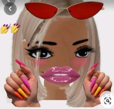 a woman with pink and yellow nails holding up her lips