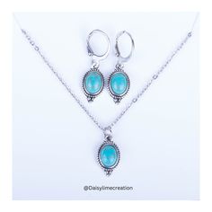 ~ Bohemian-style pendant necklace and earrings set ~ Minimalistic style ~ Silver plated charm features turquoise effect howlite stone  ~ Chain: Stainless steel ~ Charm: Zinc alloy ~ Lead and nickel free Dimension  Pendant- 1.5 cm x 0.9 cm approx Earrings: length 3 cm x width 0.9 cm approx Chain length : 45 cm approx ~Packaging ~ Your jewellery will arrive in a gift bag, ready for giving as a gift ~Jewellery care~ To keep your fashion jewellery in perfect condition, please keep them away from liq Bohemian Turquoise Jewelry Sets For Gifts, Turquoise Dangle Metal Jewelry, Turquoise Metal Dangle Jewelry, Turquoise Jewelry Sets As A Gift, Turquoise Bohemian Metal Jewelry Sets, Turquoise Metal Drop Earrings, Bohemian Turquoise Necklace With Matching Earrings, Turquoise Pendant Jewelry In Metal, Turquoise Metal Pendant Jewelry