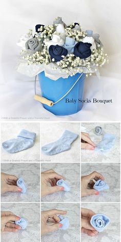 the instructions for how to make a baby's socks bouquet with flowers in it