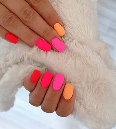 Neon Inspired Square Shaped Short Nails Pink And Orange Nails, Matte Nail Art, Matte Nail, Matte Nails Design, Summer Acrylic Nails, Short Acrylic Nails Designs, Neon Nails