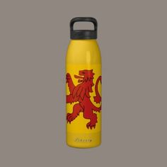 a yellow water bottle with a red lion on it's front and side, against a gray background