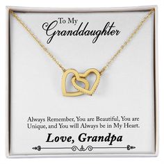 To My GranddaughterAlways Remember, You are Beautiful, You are Unique, and You will always be in My HeartLove,Grandpa Give her the gift that symbolizes your never-ending love. Featuring two lovely hearts embellished with cubic zirconia crystals, this Interlocking Hearts necklace is the perfect accessory for everyday wear. Whether it's a memorable anniversary or a special birthday, make sure to dazzle your special someone by gifting them this stunning necklace. Two heart pendants embellished with Gold Heart Necklace With Birthstone For Anniversary, Meaningful Jewelry Gift For Mom On Valentine's Day, Gold Heart Necklace With Birthstone For Gift, Meaningful Hallmarked Jewelry For Valentine's Day, Engraved Gold Heart Necklace For Birthday Gift, Meaningful Gold Jewelry For Anniversary, Meaningful Yellow Gold Jewelry For Anniversary, Gold Heart Necklace With Birthstone As Gift, Gold Meaningful Jewelry For Anniversary