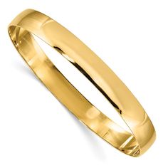 This stunning piece of jewelry is a 14k Yellow Gold 8mm Solid Polished Half-Round Slip-On Bangle. Made from high-quality precious metal, this bangle is both durable and long-lasting. With a weight of 19.13 grams and a width of 8mm, this bangle boasts a solid construction and a beautiful polished finish. The slip-on design features no clasp or connector, providing a comfortable and easy-to-wear fit. This bangle is perfect for women and can be engraved to create a personalized touch. Its sleek des Bangles Collection, Bow Jewelry, Gold Bangle Bracelet, Yellow Gold Bracelet, Fine Jewelry Gift, Jewelry Companies, Polish Jewelry, Selling Jewelry, Gold Bangles