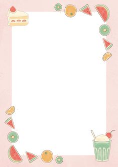 a pink background with watermelon, cake and ice cream on it's edges