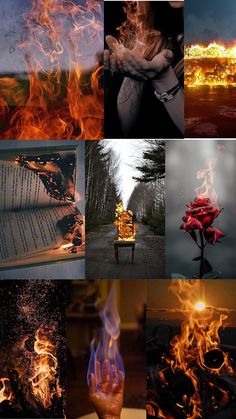 a series of photos with fire and flames