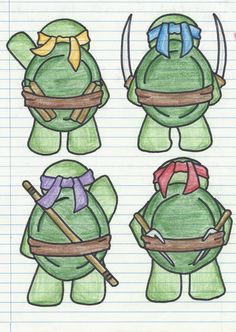 some drawings of teenaged ninja turtles with bows and swords on their heads, one in the