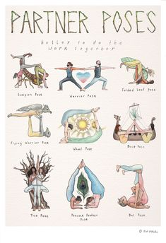 This detailed hand-illustrated yoga poster features eighteen characters demonstrating nine posesEach pose honors a different partner poseBy... Partner Poses, Healing Reflexology, Couples Yoga Poses, Partner Yoga Poses, Workout Home, Couples Yoga, Poses Yoga, Yoga Guide, Yoga Inspo