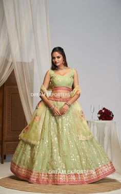 Beautiful Pista Green Lehenga Choli For Women Indian Wedding Party Wear Lahangas Bridesmaids Wear Chaniya Choli Mehendi Wear Ghagra Choli  FABRIC DETAILS LEHENGA (Semi-Stitched): FABRIC : Georgette WORK : Sequence Zari,Embroidery Work FLAIR : 3.50+ mtr Inner : Cotton With Canvas and can can layered net SIZE : waist-42" height-42" BLOUSE (Un stitched) Blouse Fabric : Georgette Work : Zari,Sequence Embroidery Work Blouse Size : Upto 44 Inches Bust(Un-Stitched) 0.80 mtr Un stitched DUPPTA DETAILS Duppta Fabric : Organza Size : 2.30 MTR Work : Embroidery Work With lace Border What is semi stitched Product? Semi stitched lehenga means that the pattern of the lehenga is ready and only the fitting of the lehenga as per your waist and height(waist to floor) has to be done. The lehenga is ready to Green Lehenga Choli, Green Lehenga, Ghagra Choli, Chaniya Choli, Party Kleidung, Work Blouse, Blouse Fabric, Lehenga Choli, Party Wear