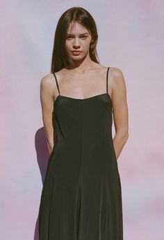 Ciao Lucia | Cristina Dress Matte Black Satin A-line Slip Dress For Night Out, Sleek Summer Slip Dress With Built-in Bra, Spring Silk Slip Dress With Built-in Bra, Summer Satin Maxi Dress With Square Neck, Solid Satin Summer Dress, Black Maxi Dress With Spaghetti Straps And Bias Cut, Black Maxi Dress With Bias Cut And Spaghetti Straps, Spring Satin Maxi Dress With Square Neck, Black Bias Cut Maxi Dress With Spaghetti Straps