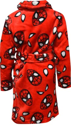 These soft Spiderman robes for boys have all over print of Spidey on a red background. This plush robe has two patch pockets on the front and an interior tie, as well as the anchored belt on the exterior. The color is Spidey's signature red. Machine wash, easy care. Spiderman Room, Spiderman Gifts, Spiderman Theme, Plush Robe, Plus Size Robes, Estilo Hippy, Belted Robe, Girls Robes, Men's Robes