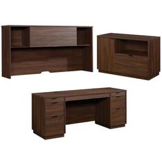 three wooden desks with one open bookcase and the other closed