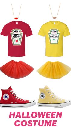 four different types of halloween costumes with the caption's name on them in red, yellow, and blue