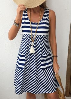 Color:Navy;Size:S;Size:M;Size:L;Size:XL;Size:XXL;Package Contents:1 X Dress;Occasion:Other;Style:Casual; Sleeveless Geometric Pattern Summer Dresses, Sleeveless Summer Dress With Geometric Pattern, Simple Sleeveless Dress, Sukienki Plus Size, Striped Shift Dress, Striped Sleeveless Dress, Short Dresses Casual, Retro Stil, Look Chic