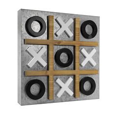 a tic - tac - toe board with black and white letters on it