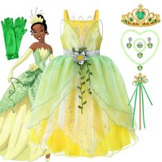 the princess and the frog costume is shown with accessories