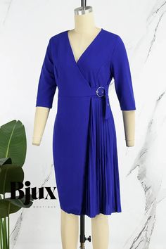 Bjux - Elegant Royal Blue A-Line Dresses with Folded V-Neck and Sophisticated Patchwork Blue V-neck Dress For Office, Blue V-neck Office Dress, Elegant Blue V-neck Dress For Formal Occasions, Blue V-neck Dress For Work, Blue V-neck Midi Dress For Work, Folded Patchwork, A Line Dresses, Patchwork Designs, Olivia Mark