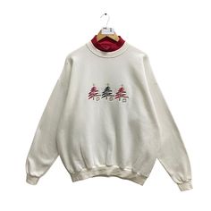 Vintage 00s Christmas Tree White Sweatshirt Size Xlarge Christmas Crewneck Christmas Tree Sweater Pullover Embroidered Logo Tree Jumper by brixtonclothing on Etsy Casual Christmas Sweater With Embroidery, Christmas Crew Neck Knit Sweater, White Retro Winter Sweatshirt, White Christmas Graphic Print Sweater, Vintage Holiday Sweater, Vintage Christmas Crew Neck Top, Vintage Christmas Sweater, Logo Tree, Vintage Christmas Sweaters