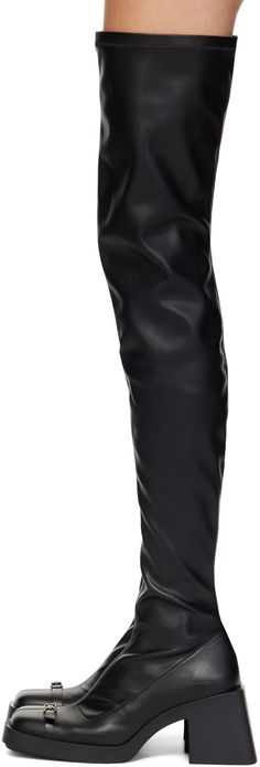 Over-the-knee grained faux-leather boots in black. · Square toe · Pin-buckle strap at vamp · Zip closure at inner side · Fleece lining · Rubber block heel · Crepe rubber sole · Heel: H3.25 Supplier color: Black Womens Tall Black Boots, Justine Clenquet, Black Jordans, Faux Leather Boots, Black Boots Tall, Black Square, Designer Boots, Black Leather Boots, Tall Boots