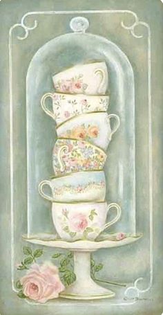 a painting of tea cups stacked on top of each other in a glass vase with roses