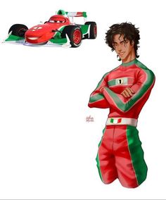 a man in red and green is standing next to a race car with his arms crossed