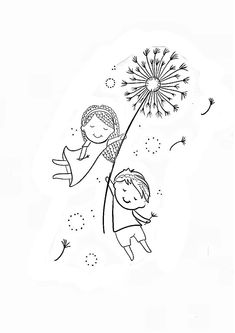 a drawing of two children flying on a dandelion