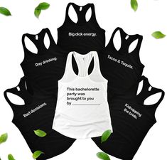 six women's black and white tank tops with words on them