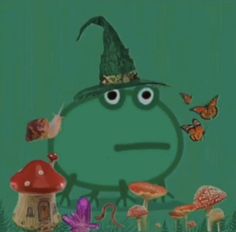 a green frog with a hat and many other things around him on a green background