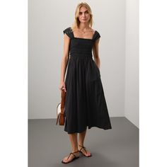 Black (55% Lyocell, 45% Cotton). Casual dress. Cap sleeves. Square neck. Pull-on closure. 50" from shoulder to hemline. Imported. Casual Dresses With Elastic Shoulders For Daywear, Black Spring Dresses With Elastic Shoulders, Black Dresses With Elastic Shoulders For Spring, Black Midi Smocked Dress With Smocked Cuffs, Black Summer Midi Dress With Gathered Neckline, Black Midi Dress With Gathered Neckline For Summer, Casual Maxi Dress With Gathered Neckline, Casual Black Smocked Dress For Daywear, Casual Black Smocked Day Dress