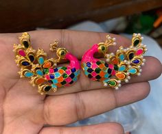 Very unique and classy! Most selling peacock earrings Hand painted meena kari and pearls. In stock and ready to ship. Multicolor Peacock Design Earrings For Gift, Traditional Peacock-colored Jewelry For Gifts, Traditional Multicolor Peacock Design Jewelry, Peacock Ear Studs Gold, Peacock Stud Earrings, Pakistani Earrings, Braid Accessories, Jewelry Pakistani, Kundan Jewelry