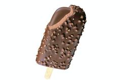 an ice cream with chocolate and sprinkles on it's side, in front of a white background