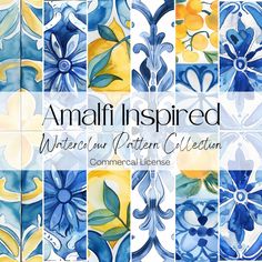 an image of blue and yellow tiles with the words amalfi inspired written on them