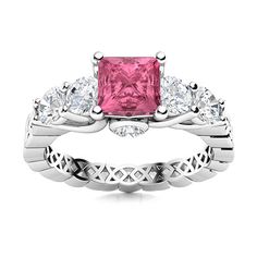 a pink princess cut diamond ring set with white diamonds on the band and an intricate braided band