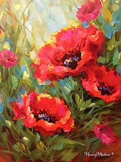 an oil painting of red and yellow flowers