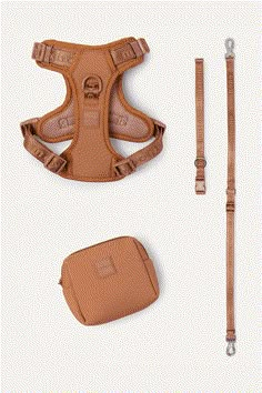 the back and side view of a tan leather harness with straps, belt, and pouch