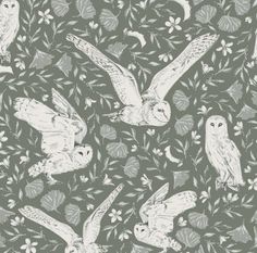 an image of owls and flowers on a green background